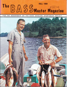 Blake Flay Honeycutt (left) and his partner hold up twp good stringers of bass. Fall 1969 issue of Bassmaster Magazine.