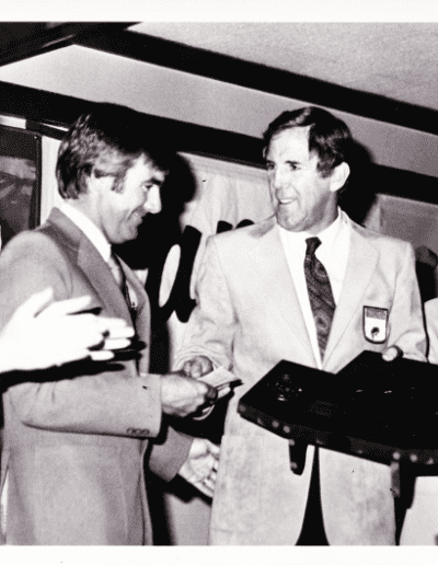 1983 Bass Masters Classic, Lake Toho. Larry Nixon accepts the Classic trophy from Ray Scott. Photo Stan Fagerstrom.