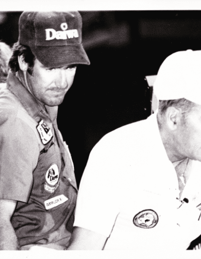 1983 Bass Masters Classic, Lake Toho. Larry Nixon looks over Harold Sharp's shoulder at the 1983 Classic weigh in. Photo Stan Fagerstrom.