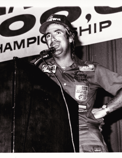 1983 Bass Masters Classic, Lake Toho. Larry Nixon talking, possibly about how he won the event. Photo Stan Fagerstrom.