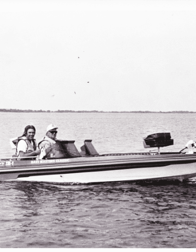 1983 Bass Masters Classic, Lake Toho. Larry Nixon with his Press Angler for the day. Photo Stan Fagerstrom.