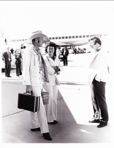 1979 Bass Masters Classic, Lake Texoma. Forrest and Nina Wood Landing at the airport for Classic 9. Photo Stan Fagerstrom.