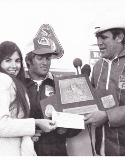 1975 Bass Master Classic, Currituck Sound, NC. Jack Hains celebrates his win at Classic 5. Photo Stan Fagerstrom.