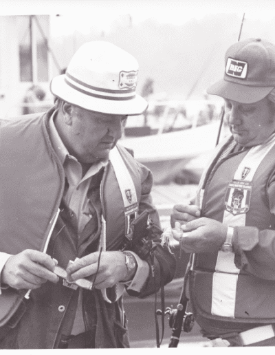 1973 Bass Masters Classic Clarks Hill. Bobby Meador talks with the Press Corps about the baits he's been using. Photo Stan Fagerstrom.