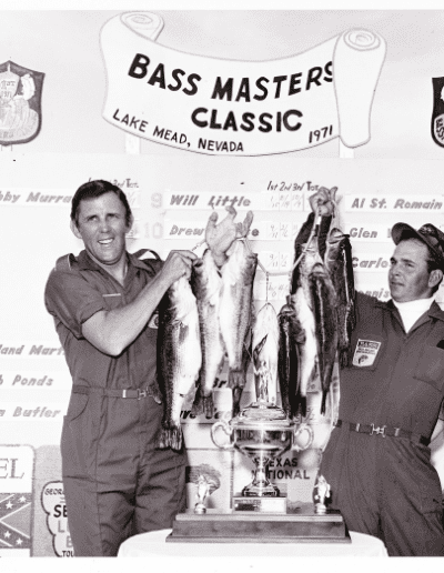 1971 Bass Masters Classic Lake Mead Bobby Murray, Murray's wife and Ray Scott on the final day weigh in. Photo Stan Fagerstrom.