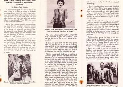 The 1952 article by Robert Page Lincoln, Pork Rind Fishing For Bass And Other Gamefish Species published in the 1952 Louis Johnson Catalog. Pages 1 through 3.