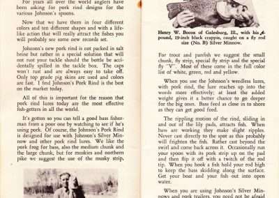 The 1952 article by Robert Page Lincoln, Pork Rind Fishing is America’s Favorite Way published in the 1952 Louis Johnson Catalog. Pages 1 through 2.