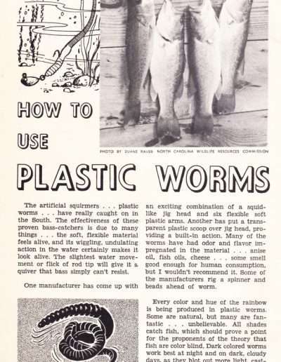 How to use Plastic Worms page 1. From Don Fuelsch's Southern Angler's and Hunter's Guide 1962.
