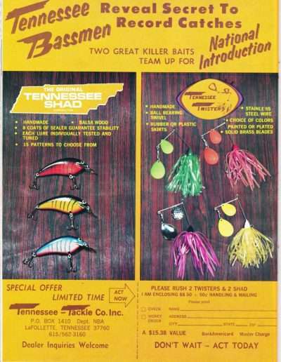 This 1977 Tennessee Tackle Company spinnerbait and crankbait ad is probably the nicest ad from 1977. I found it in Bassmaster magazine and National Bass Association.