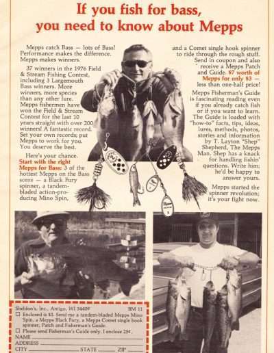 Mepps was never a solid spinnerbait manufacturer but I still found this 1977 Mepps ad in American Angler and American Bass Fisherman.