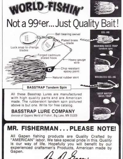 1977 Basstrap Lure Co Ad found in both American Bass Fisherman and ABF National Bass Association.
