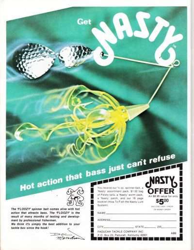 Charles “Doc” Moorehead’s Floozy spinnerbait with a plastic curl-tail skirt. This skirt, which came out before Mister Twister’s rendition, was patented by Morehead. We’ll be talking soon to Doc’s son and former professional angler Dan Morehead about his father’s bait business.