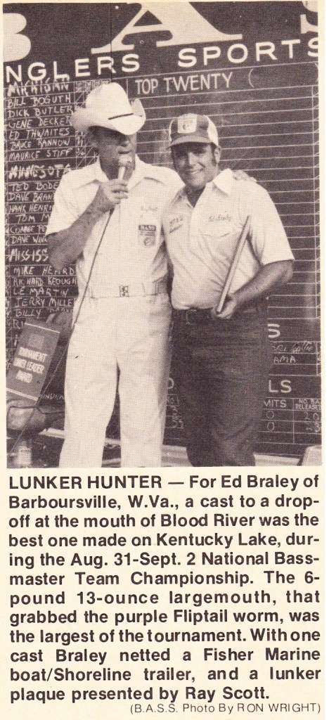 (3) Ed Braley Ray Scott talks with overall big fish winner Ed Braley. Photo 1977 November/December issue of Bassmaster Magazine.