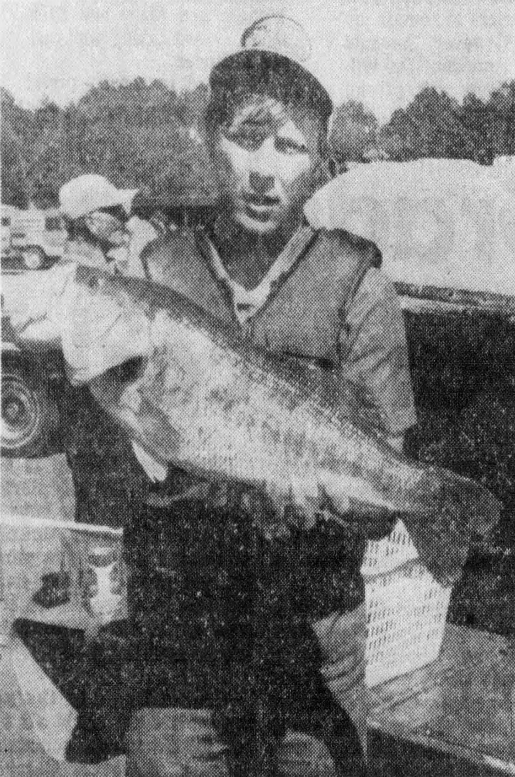 Maxfield_May_24__1976 Original Caption: CARL MAXFIELD DISPLAYS 8-POUND, 14-OUNCER...Winner Caught Biggest Bass In Tournament. Record Photo by Larry Mayer, The Columbia Record (SC), May, 1976.