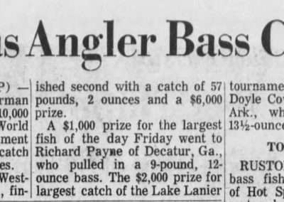 Another tournament report for the 1972 World Invitational Bass Tournament held by Project Sports Inc. Bobby Murray took 1st place while Billy Westmorland took 2nd place. The Times Sunday, April 2,1972.
