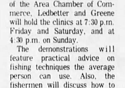 Another clipping that states Hubert Greene was at the 1967 World Invitational Bass Tournament as well as the 1967 World Series of Sport Fishing. Asheville Citizen Times Sunday, March 7, 1976.