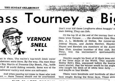 Vernon Snell's World Invitational Bass Tournament final report. The Daily Oklahoman Sunday, September 24, 1967.