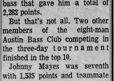The Final tournament report for the 1967 World Invitational Bass Tournament. The Austin American Thursday, September 21, 1967.
