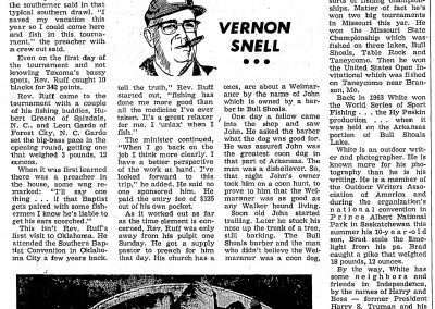 Vernon Snell's column talking about the Preacher Bass angler who was accompanied by Hubert Greene to the 1967 World Invitational Bass Tournament. The Daily Oklahoman Thursday, September 21, 1967.