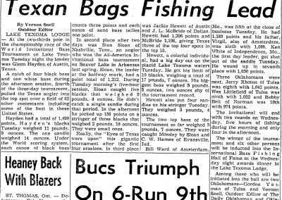 Vernon Snell's Day 2 Tournament Report for the 1967 World Invitational Bass Tournament held on Lake Texoma. The Daily Oklahoman Wednesday, September 20, 1967.