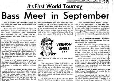 Vernon Snell's column in The Daily Oklahoman talking about the upcoming World Invitational Bass Tournament to be held on Lake Texoma 16-20 September, 1967. The Daily Oklahoman, Tuesday, February 28, 1967.