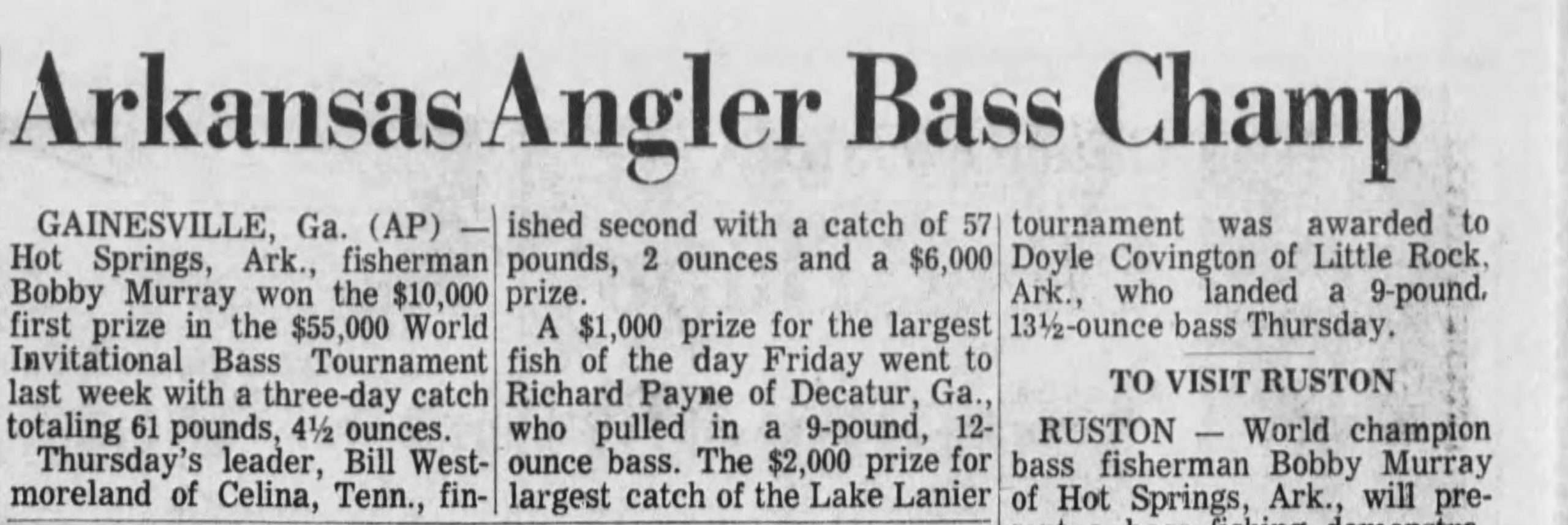 The_Times_Sun__Apr_2__1972_ One of the news clippings from the 1972 PSI-sponsored World Invitational Bass Tournament held on Lake Sidney Lanier, GA in late March. The Times Sunday, April 2, 1972.