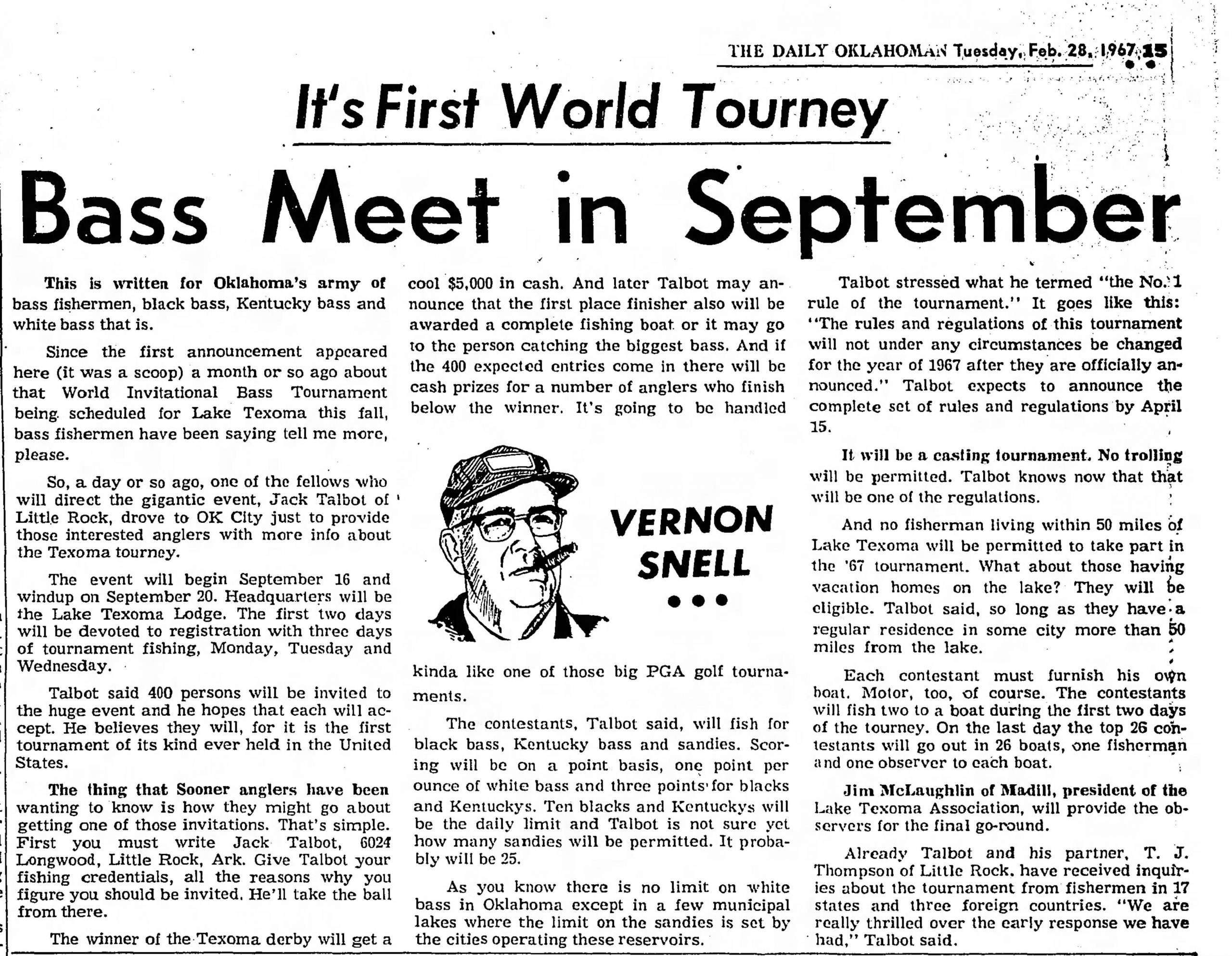 The_Daily_Oklahoman_Tue__Feb_28__1967_ Vernon Snell's column in the February 28, 1967 Daily Oklahoman talking about the soon-to-come World Invitational Bass Tournament to be held on Lake Texoma 16-20 September 1967.