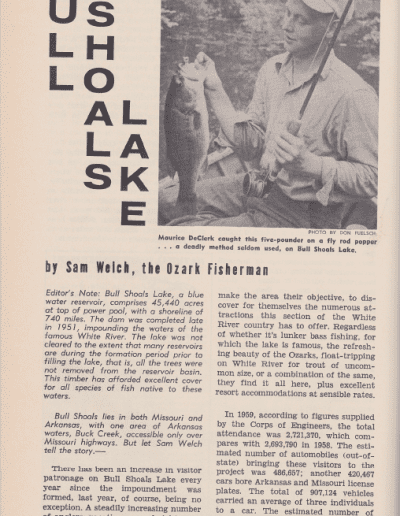 Bull Shoals Lake by Sam Welch, the Ozark Fisherman. Don Fuelsch's 1961 Southern Angler's Guide, page 1. Photo Terry Battisti.