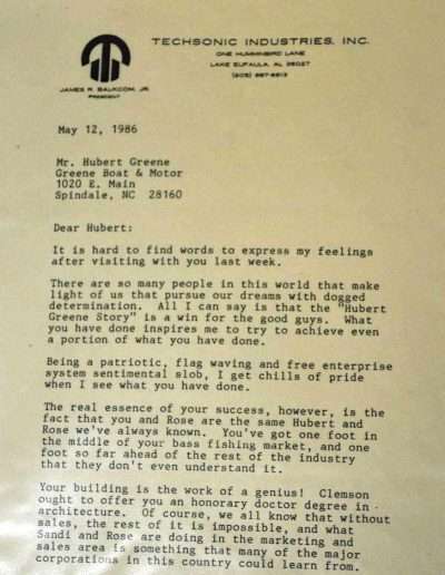 1986 Techsonic Industries, maker of Humminbird Electronics congratulates Hubert and Rose on the new building.