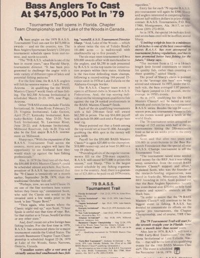 1979 Bassmaster Trail Schedule, Rules and Payout. February 1979 Bassmaster Magazine.