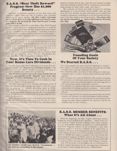 1979 B.A.S.S. Member Benefits February 1979 issue of Bassmaster Magazine. Page 2.
