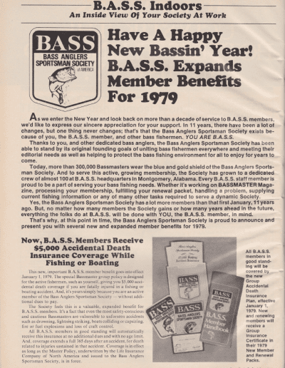 1979 B.A.S.S. Member Benefits February 1979 issue of Bassmaster Magazine. Page 1.