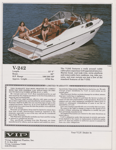 Late 70s Early 80s VIP Boat Catalog Back Cover
