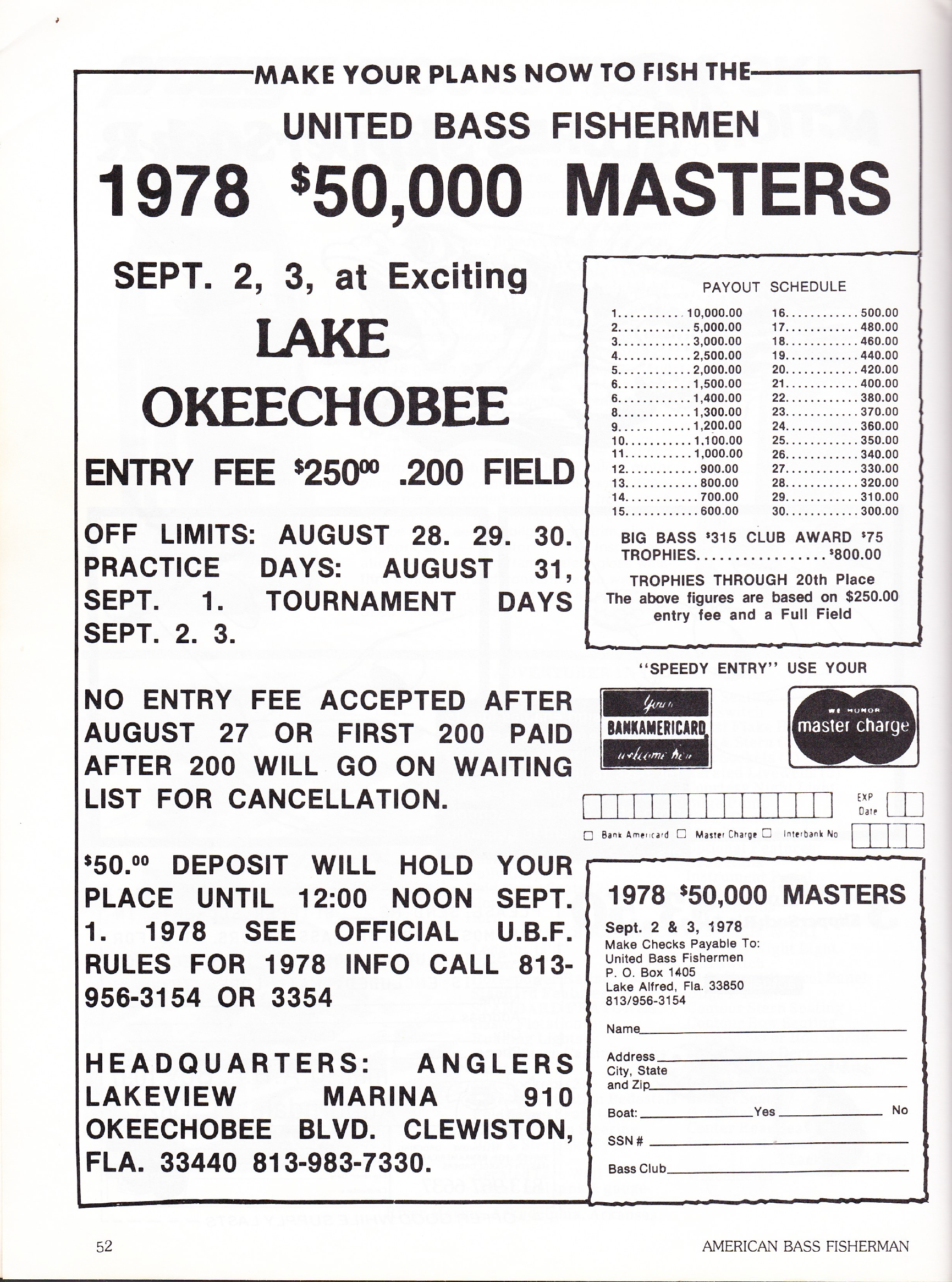 Advertisement for the ABF Lake Okeechobee event slated for September 2-3, 1978. July/August 1978 American Bass Fisherman, Page 52.