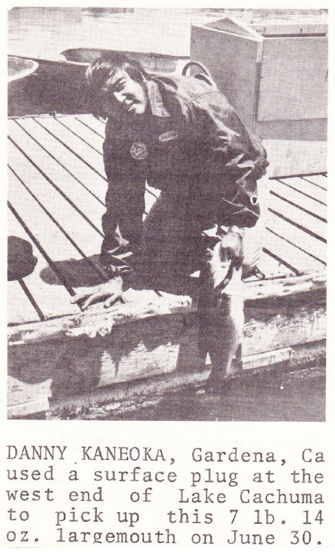 CLC July 1974 Cachuma Danny Kaneoka with a 7-14 northern caught from Lake Cachuma. It's fish like this that the CLC anglers were hoping to catch at the next CLC event on the lake.