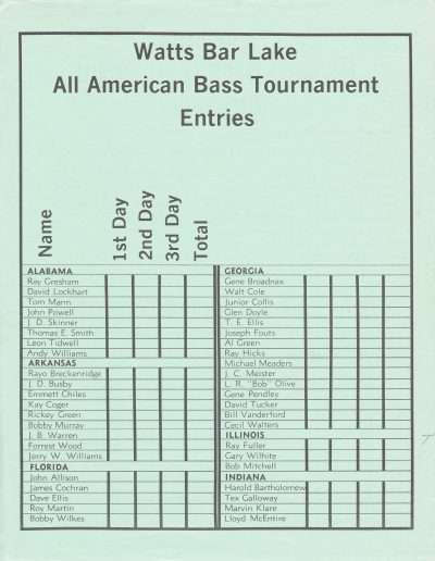 1973 Watts Bar All-American BASS Tournament Recreation Association Program Angler List Page 2