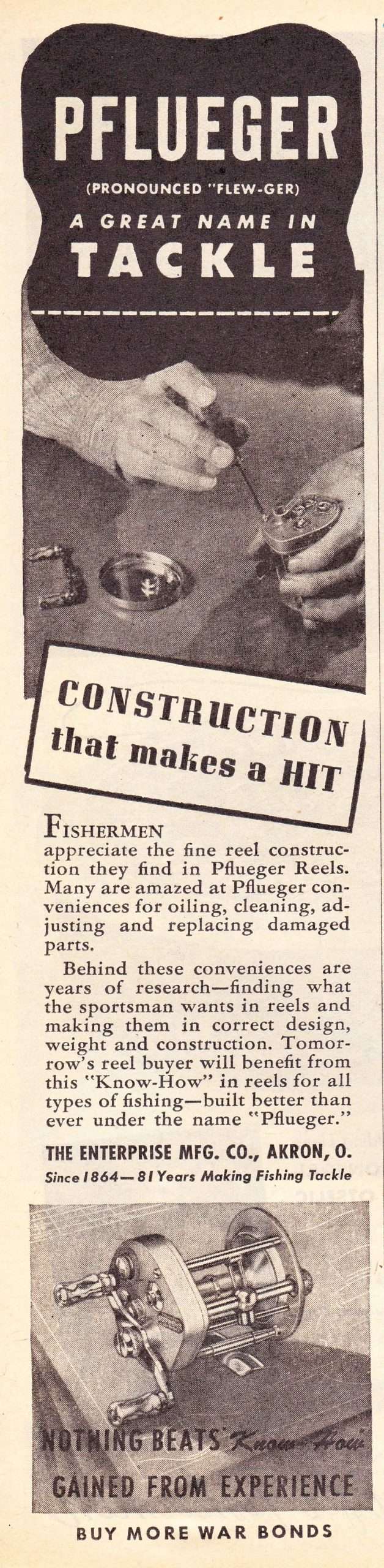 Annonce Vintage Pflueger – 1951 – Bobine De Pêche Eau Douce – Imprimé Canada
