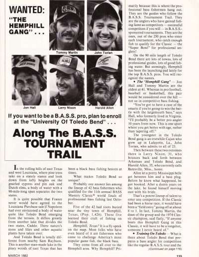 Wanted: The Hemphill Gang. March 1982 issue of Bassmaster Magazine, page 113.