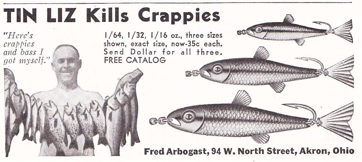 1940 Arbogast Ad 2 March Sports Afield 1940 Fred Arbogast Tin Liz Ad March Sports Afield