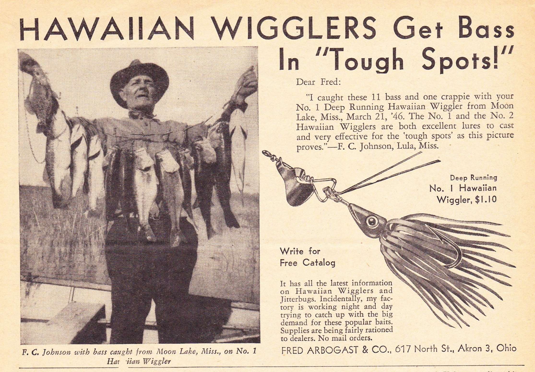 1946 Fred Arbogast Ad July Hunting and Fishing 1 1946 Fred Arbogast Hawaiian Wiggler Ad July Hunting and Fishing