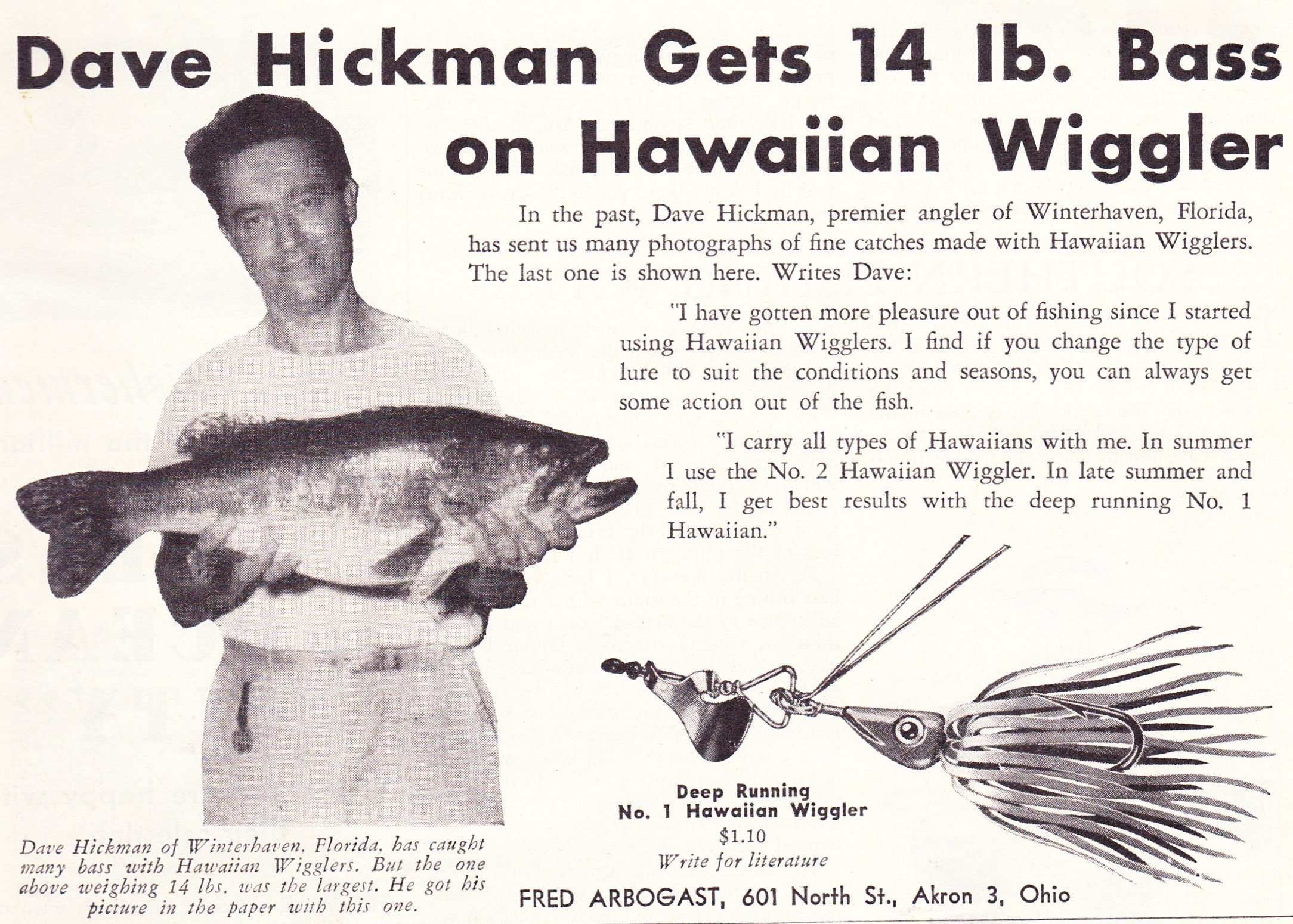 1945 Fred Arbogast Ad January Hunting and Fishing 1 1945 Fred Arbogast Hawaiian Wiggler Ad January Hunting and Fishing