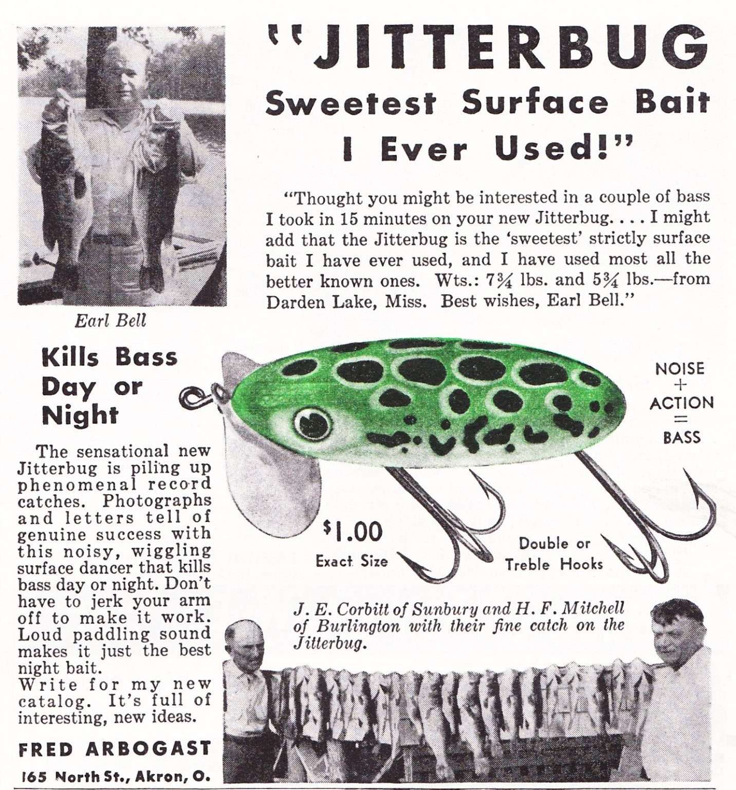 Publicité Vintage Fred Arbogast & Co. 1946 – Leurre De Pêche Jitterbug Bass Killer