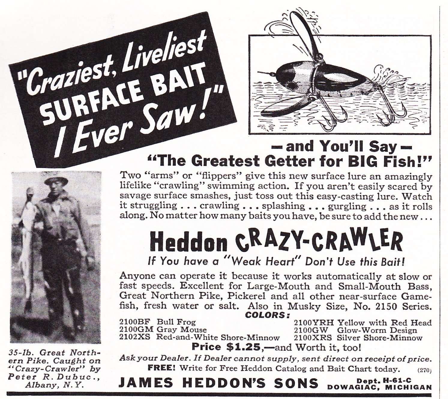1940 Heddon Ad June Hunting and Fishing 1 Heddon Crazy Crawler Ad. June 1940 issue of Hunting and Fishing.