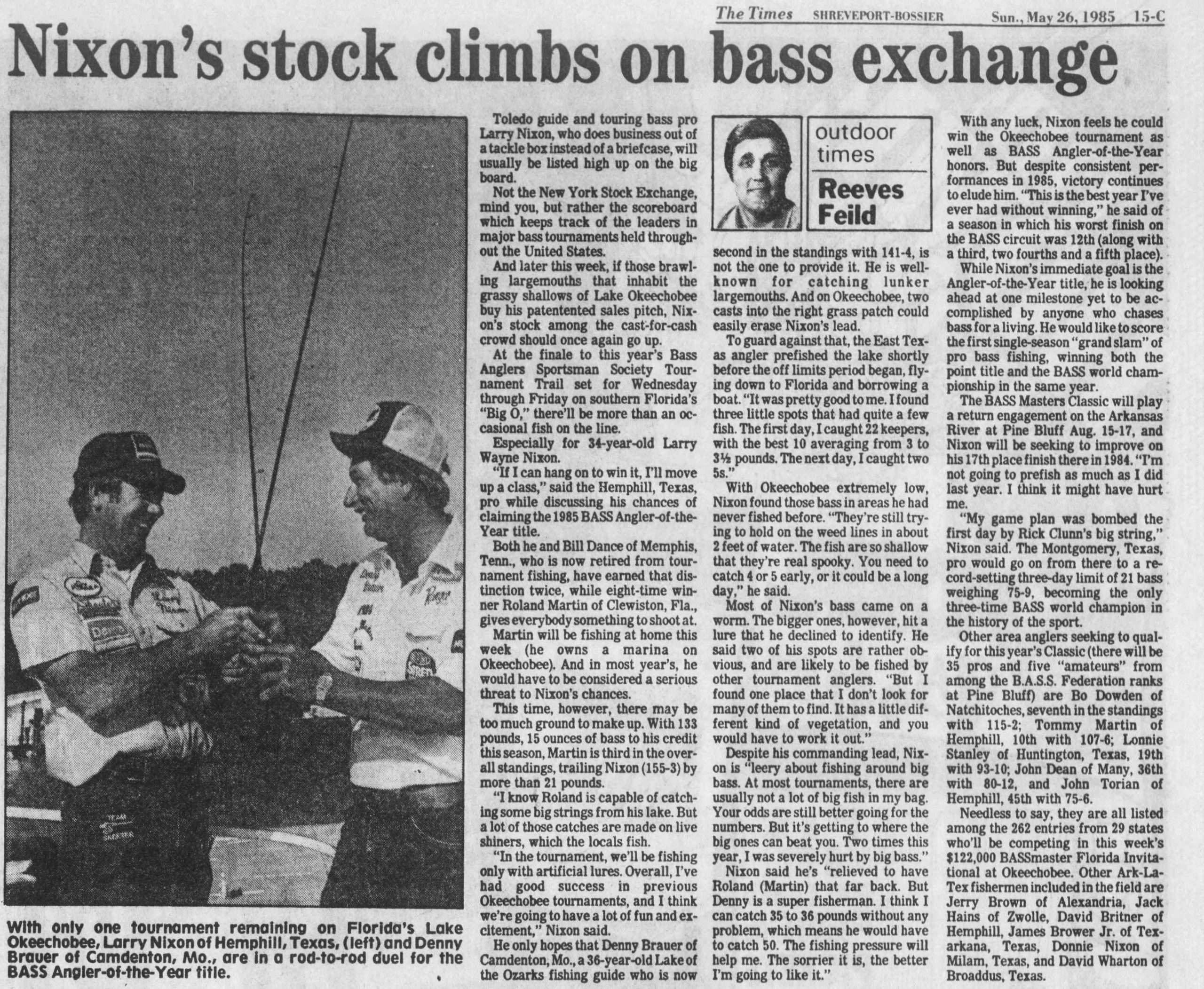 1985 AOY Update Nixon and Brauer The_Times_Sun__May_26__1985_ Reeves Feild's Bassmaster Angler of the Year update going into the final event of the 1985 Bassmaster Trail. The Times Sunday May 26, 1985.