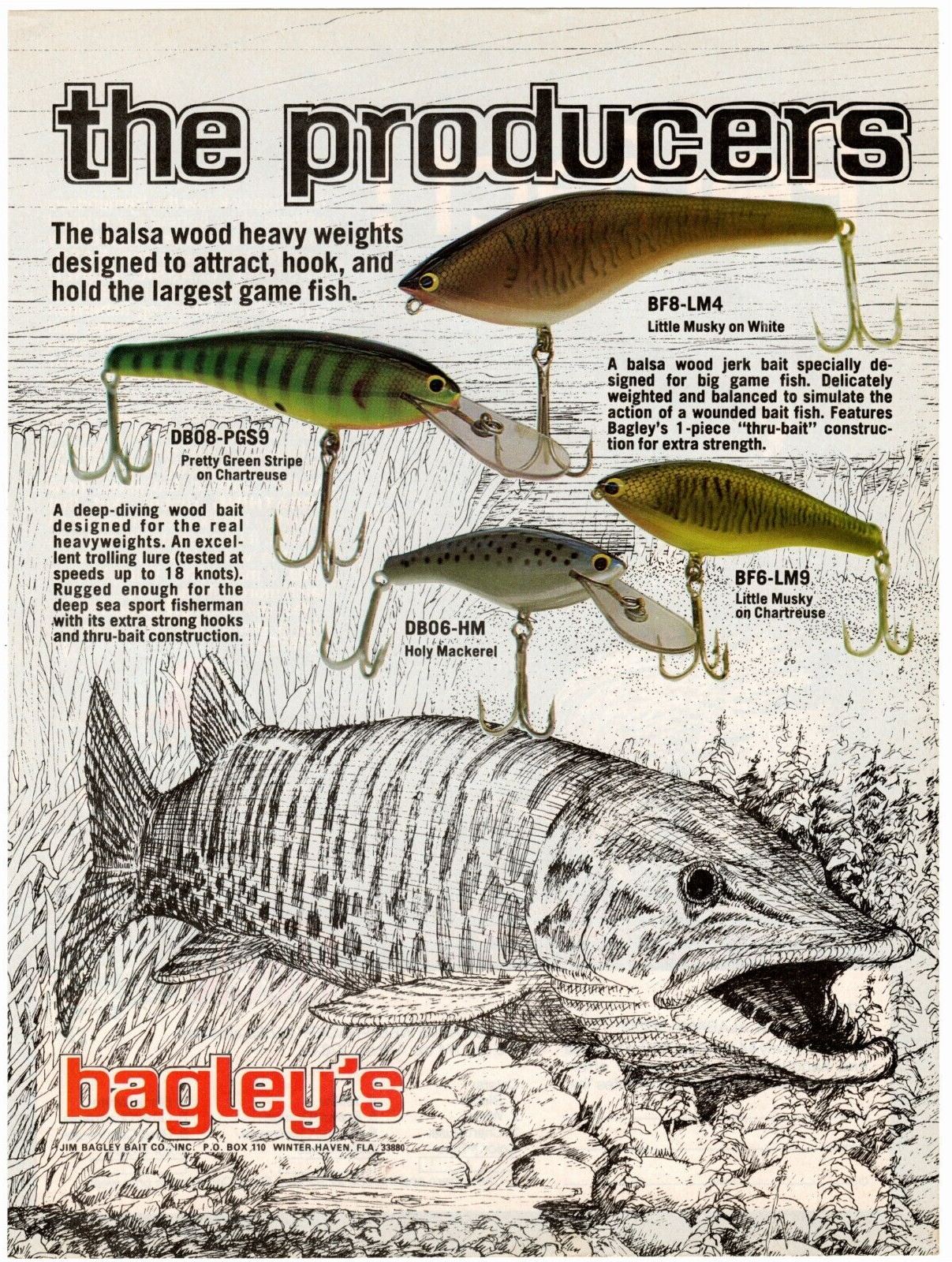 Bagley's DB06 08 BF6 8 ad 1979 Bagley's answer to muskie anglers was in the form of two baits, the Bang-O B and the B-Flat. Bassmaster Magazine 1979.