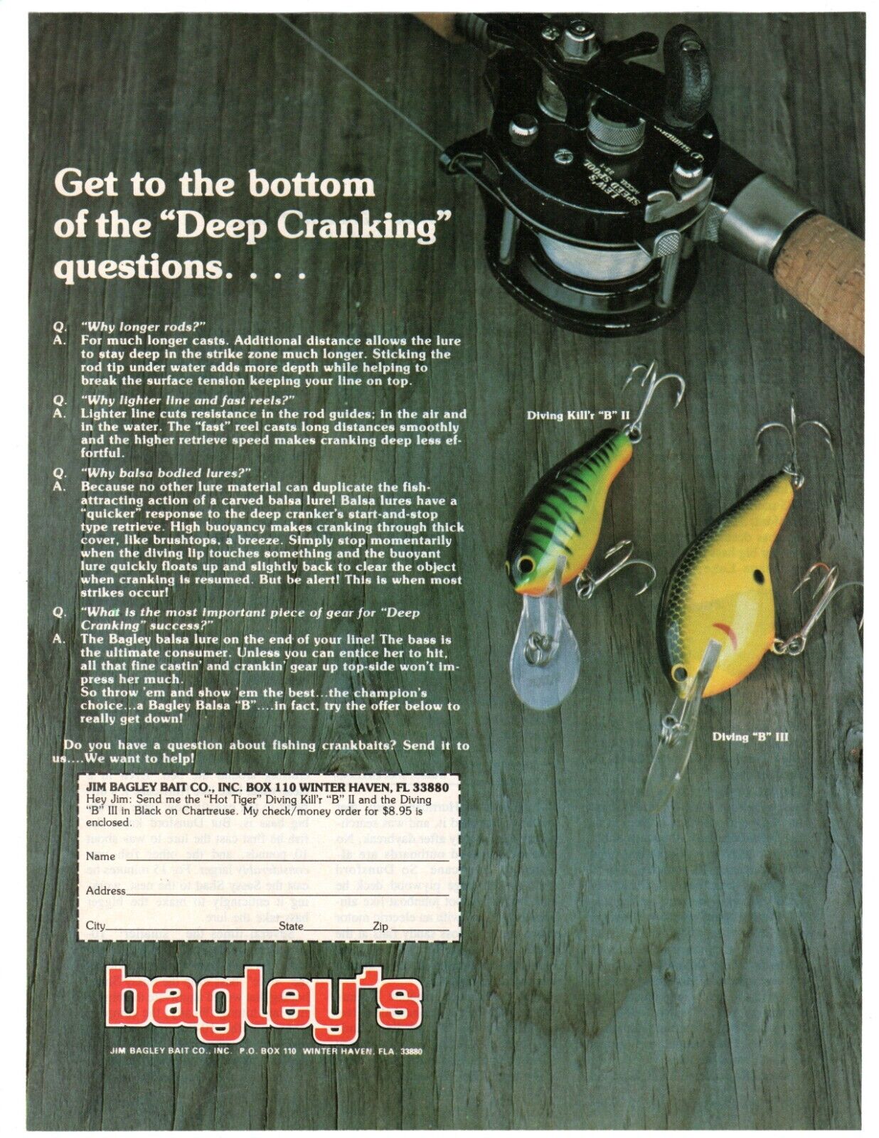 Bagley's KBIII and DBIII ad 1981 Bagley's Divin' BIII and Kill'R BIII. Bassmaster Magazine 1981.