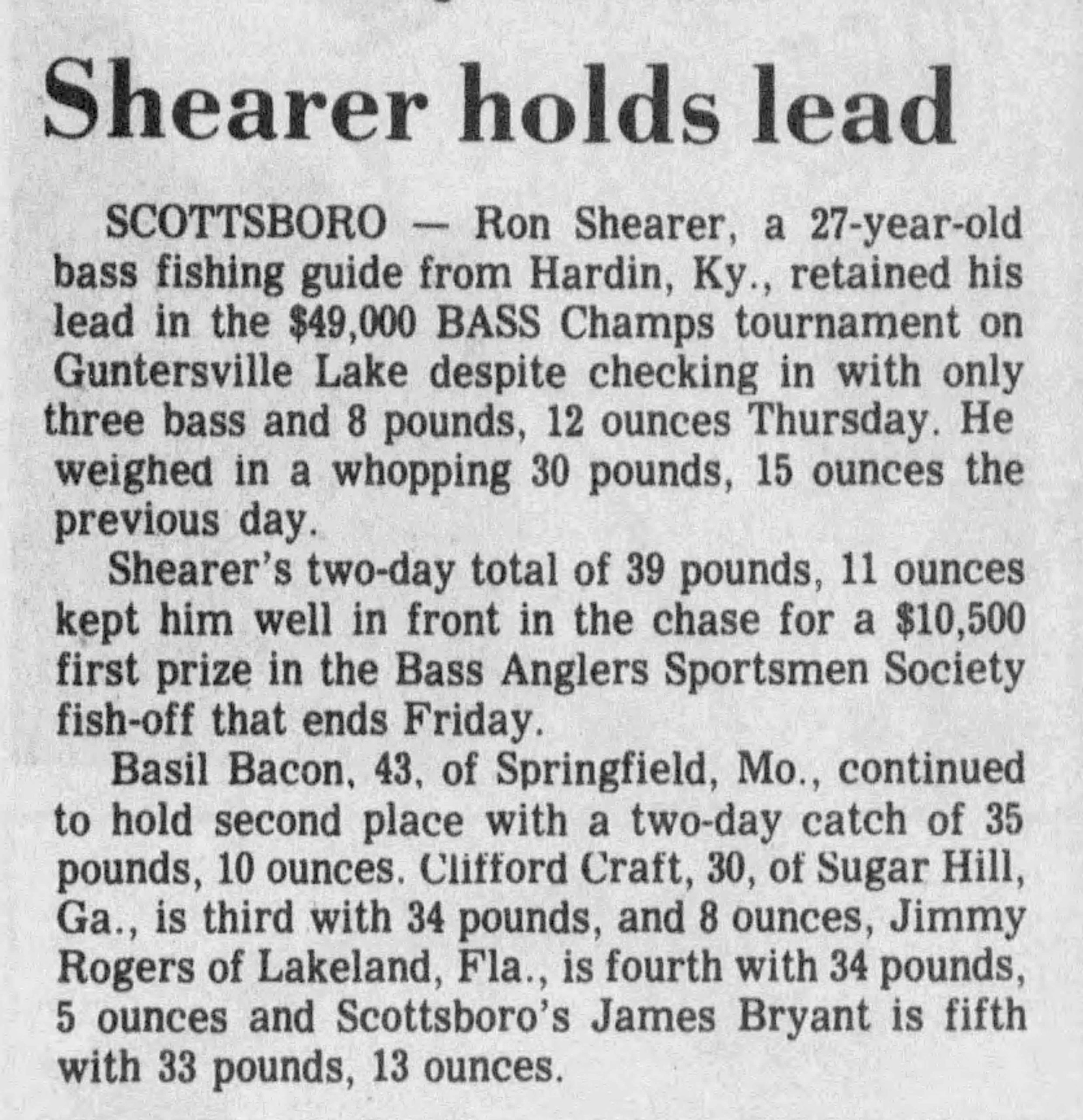 Day 2 Report The Montgomery Advertiser Friday July 25 1980 compressed Day 2 1980 BASS Champs Report Lake Guntersville. The Montgomery Advertiser Friday July 25 1980.