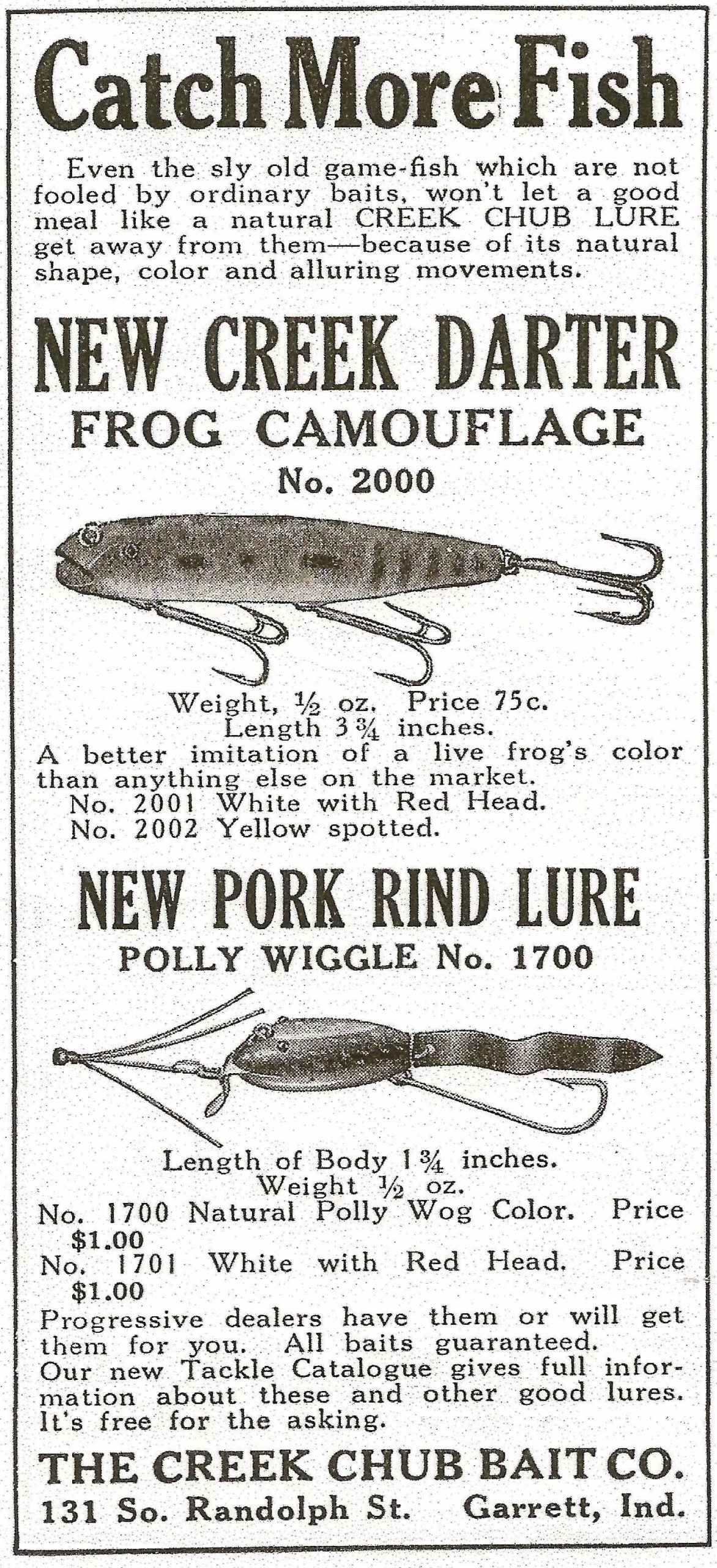 1923 Crek Darter ad Forest & Stream compressed Full ad of the Creek Chub Bait Company's New Creek Darter and New Pork Rind Lure from the July 1923 issue of Forest and Stream.