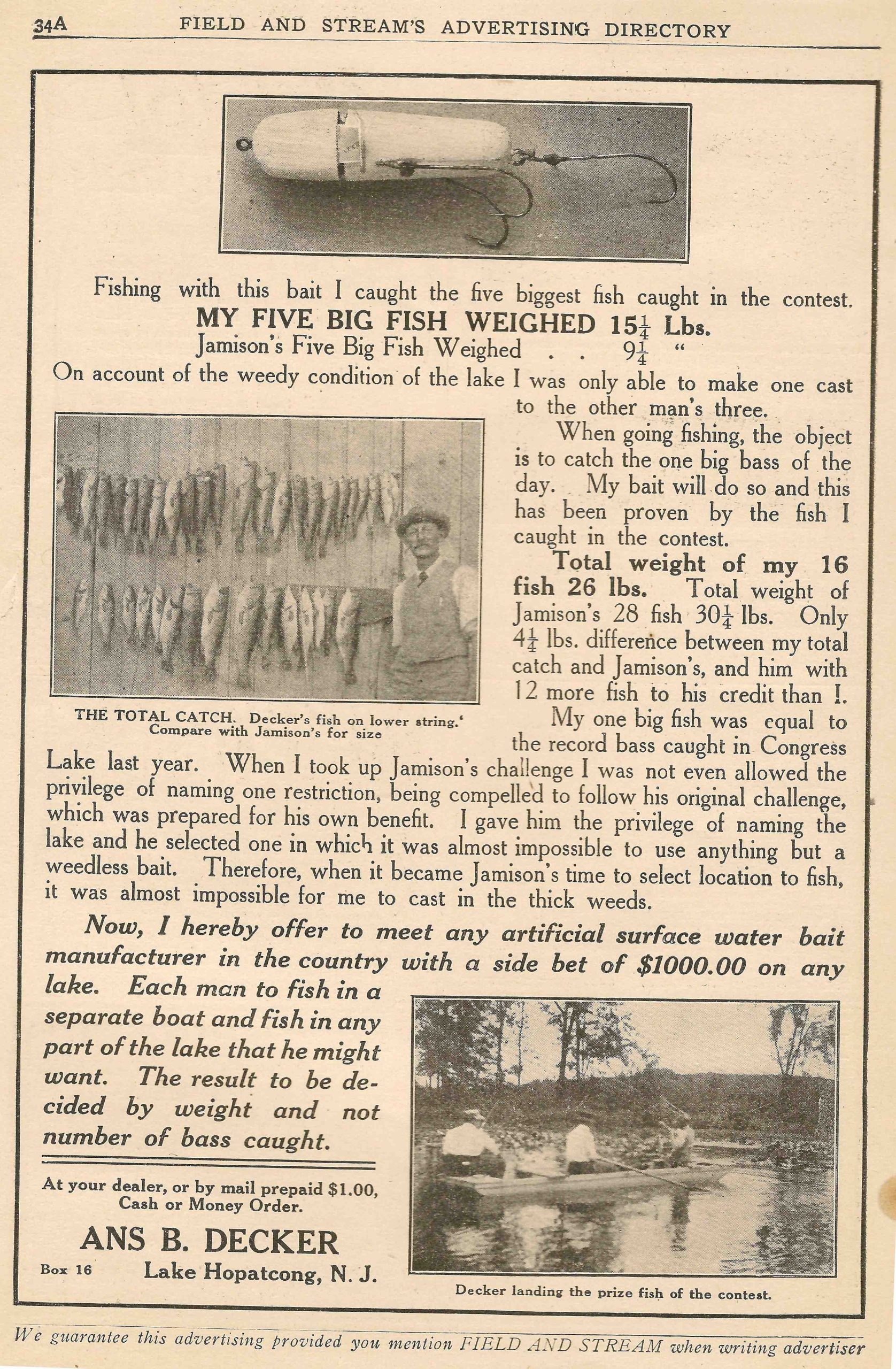1910 Field & Stream a compressed Ans. B. Decker's Bass Bait ad claiming his win over W. J. Jamison on Congress Lake, Ohio, even though he lost the contest. Photo August 1910 issue of Field & Stream.