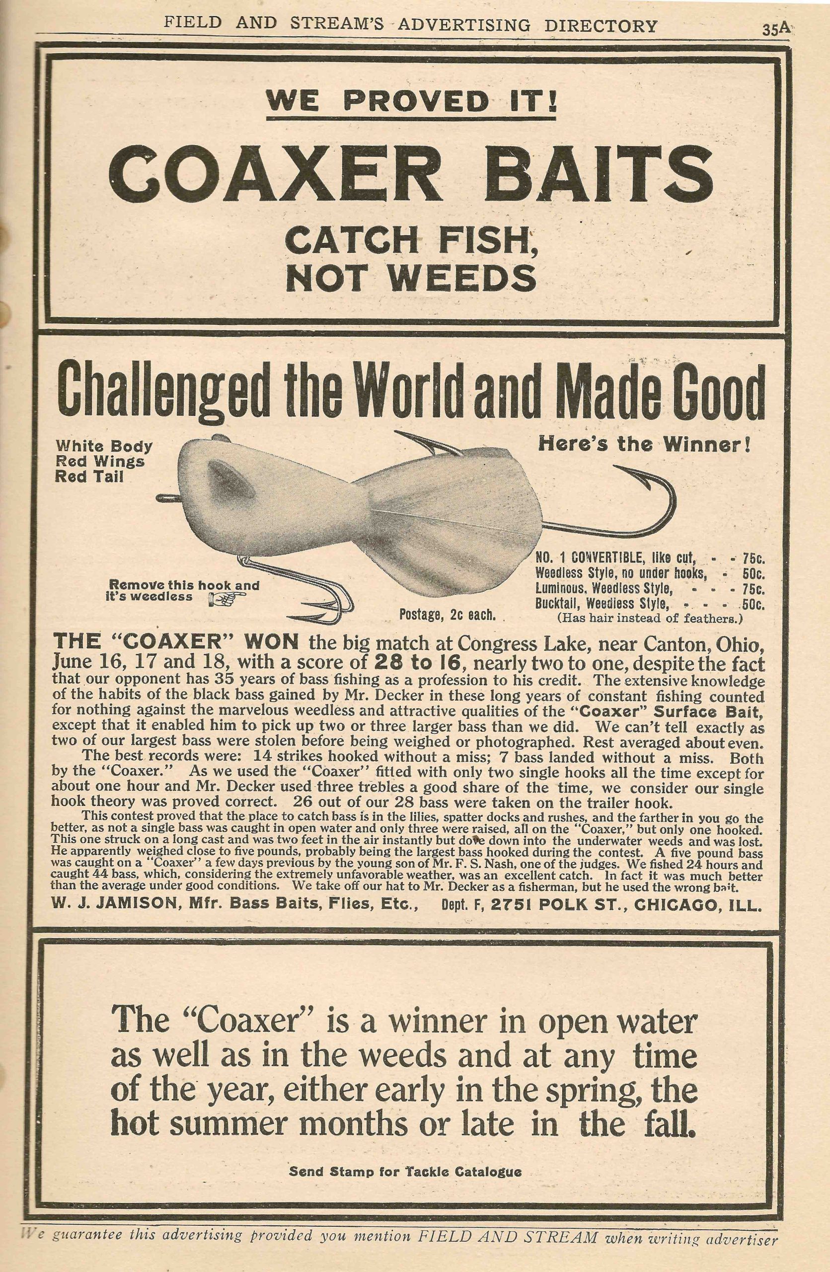 1910 Field & Stream b compressed William J. Jamison's Coaxer ad claiming his win over Ans. B. Decker on Congress Lake, Ohio. y the rules, Jamison handily won the contest. Photo August 1910 issue of Field & Stream.